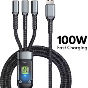 Doyers 3-in-1 Cable 6 A 1 m Nylon Braided Multiple USB Cable Universal Charging Cord with Type-C, Micro USB and iP Port for Cell Phones and More  (Compatible with Smartphones, iPhone, Android, Laptop, Black, One Cable)