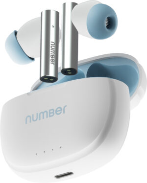 Number Navo Buds X1 w/ 50H Playtime, Dual Pairing, 13mm Speakers, ENC, 45ms Low Latency Bluetooth (White Sky, In the Ear)
