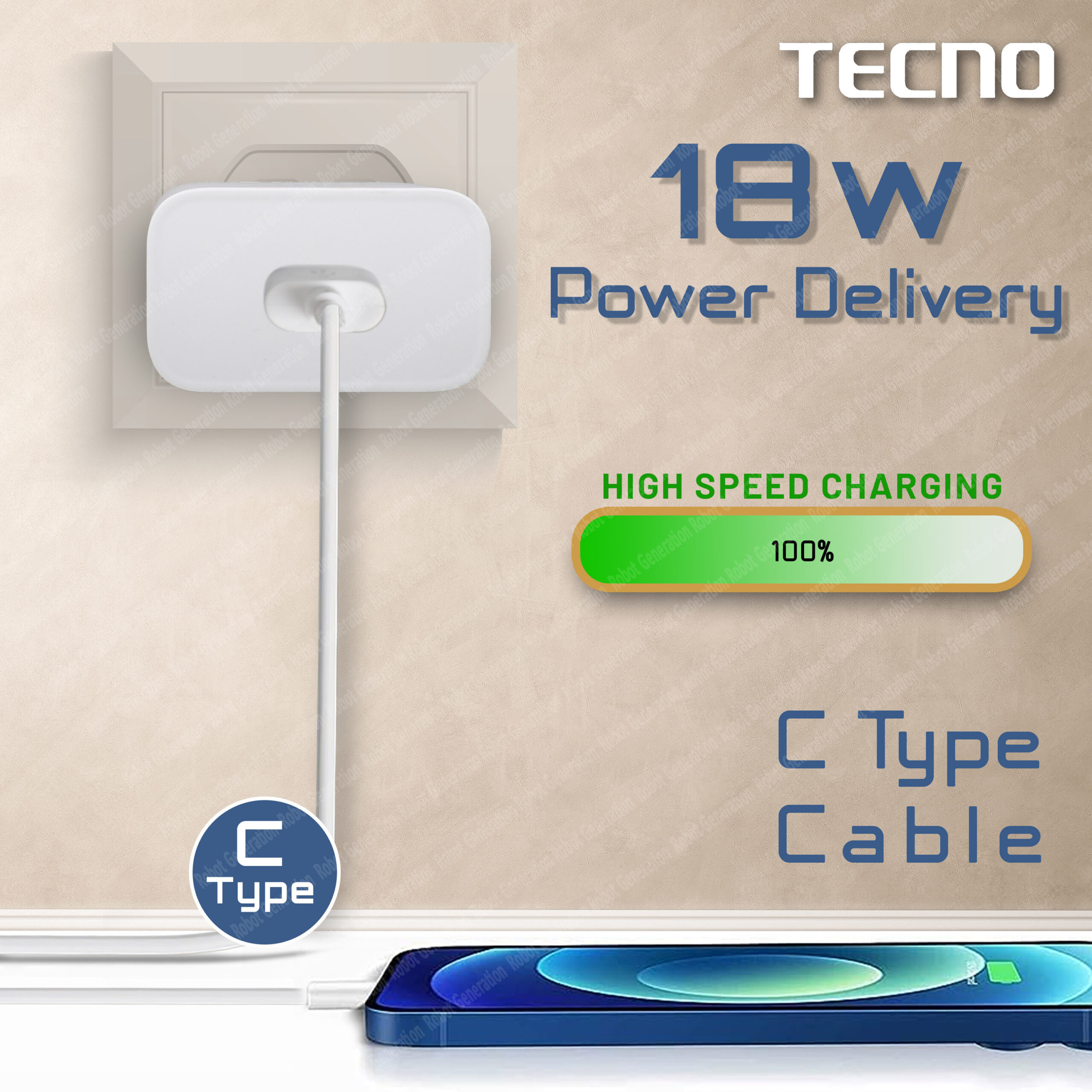 Tecno 18 W Quick Charge 2 A Wall Charger for Mobile (White, C-Type, Cable Included) - Image 2