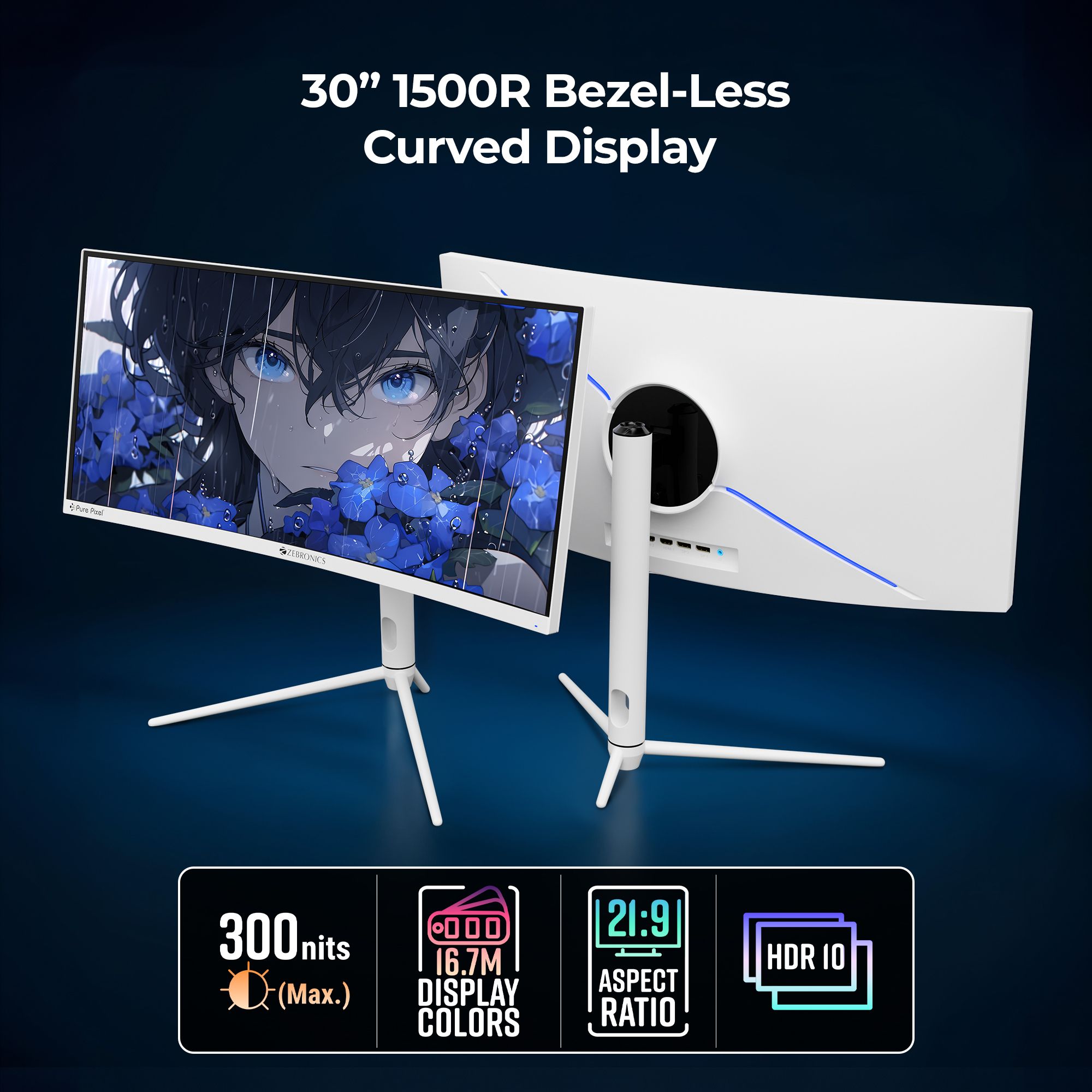 ZEBRONICS 76.2 cm (30 inch) Curved WFHD VA Panel with 300 Nits Brightness, HDR10, 99% sRGB, 95% DCI-P3, 2 x DP, 2 x HDMI, 1 x 3.5mm UltraWide Gaming Monitor - Image 4